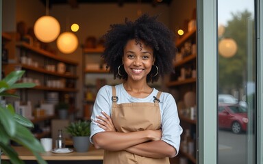 Pretty young Black woman opening her store in the morning. High quality