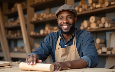 Portrait african american man carpenter craftman working in wood factory, small business wood workshop. Timber industry and furniture factory. High quality