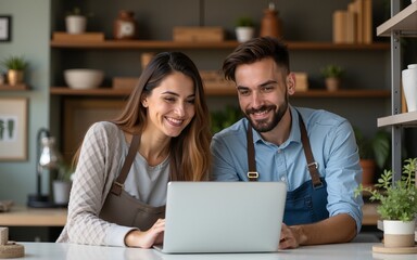 Two young shop owners using a laptop in their store. High quality