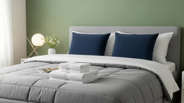 Neatly made bed with folded towels and a modern lamp