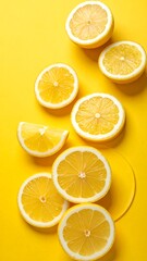 Fototapeta premium Sliced citrus fruit on a vibrant yellow surface, top-down view