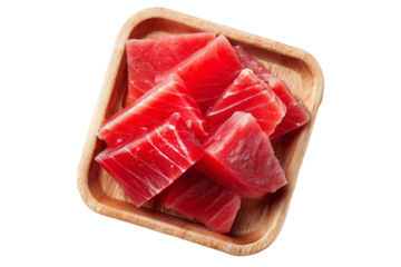 Fresh raw tuna cubes Micronesian sashimi isolated on white transparent background, representing seafood freshness.
