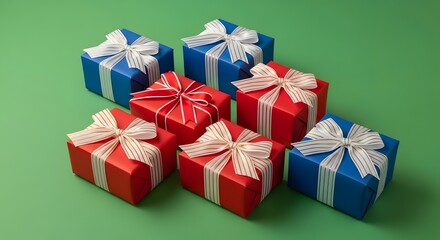 Group of red and blue gift boxes wrapped with white ribbons on a vibrant green background for celebrations