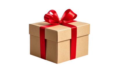 Gift box with red ribbon isolated on transparent background, a symbol of christmas time