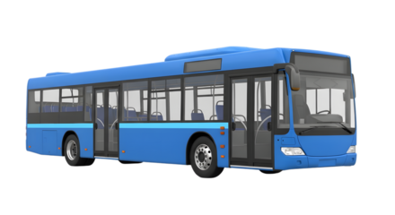 Modern blue city bus with tinted windows isolated on transparent background