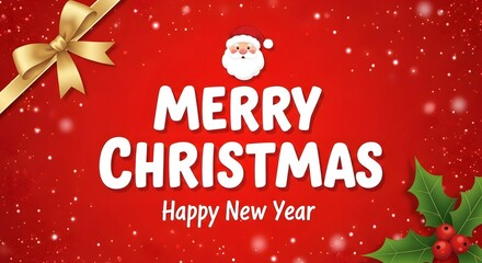 Merry Christmas and Happy New Year festive greeting card with Santa Claus holly and golden ribbon on red background