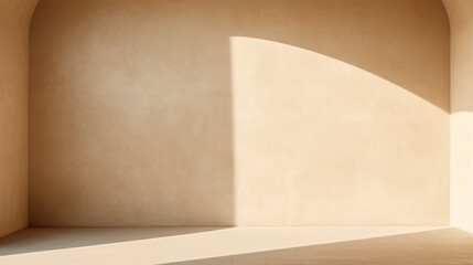 Biege background with shadow on the wall. Showcase, empty space for ad text on pastel light background.