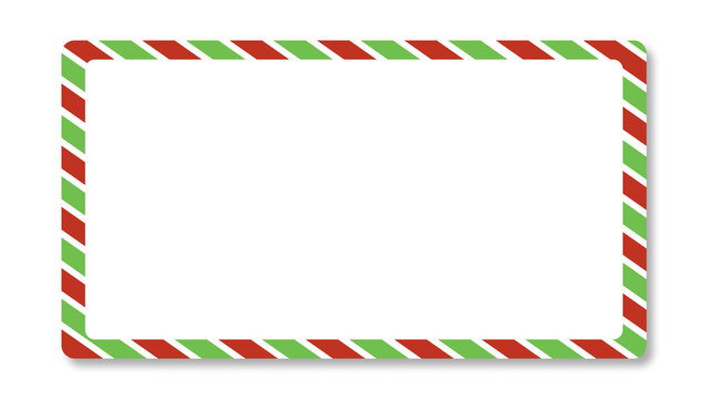 A rectangular frame or label template featuring a thick border designed like alternating red and lime green diagonal stripes, reminiscent of candy canes