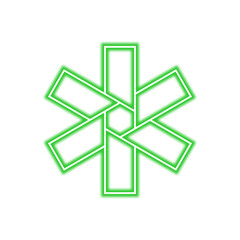 Green glowing Star of Life symbol, a six-pointed star emblem used in emergency medical services, isolated on a white background.