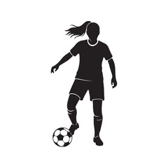 Female soccer player silhouette dribbling a ball. Woman athlete in action during a football game. Dynamic vector illustration isolated on a white background.  © Journey