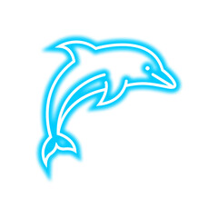 A stylized, glowing blue neon outline of a dolphin jumping, isolated on a white background.