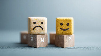 Wooden blocks depict two distinct emotional states, sadness and happiness, creating a conceptual representation. The blocks showcase expressive faces