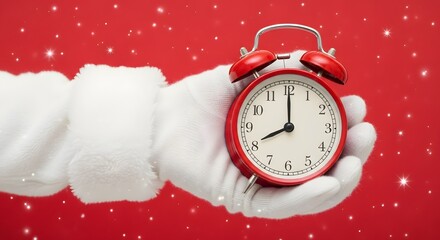 ''Santa Claus hand holding a bright red vintage alarm clock on a festive red background with falling snow''
