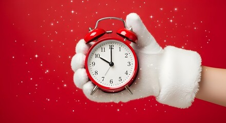 Santa Claus hand wearing white glove holding classic red alarm clock on festive red background with sparkling glitter