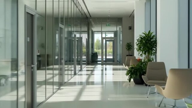 In 4k, a bright, sunlit hallway shows the clean interior of a modern office building with glass walls, rows of chairs, and a sense of openness and professionalism.