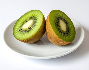 Two halves of a kiwi fruit sit on a white plate, close up on white
