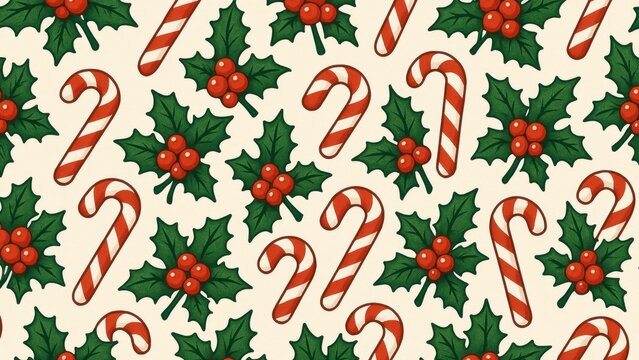 Festive candy cane holly pattern desktop wallpaper