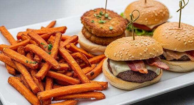 Assorted Mini Burgers and Sweet Potato Fries Platter