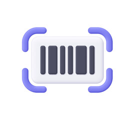 Black barcode icon with purple scanning frame corners. Product identification, digital payment, shopping, inventory and retail technology concept. 3d vector icon. Cartoon minimal style.