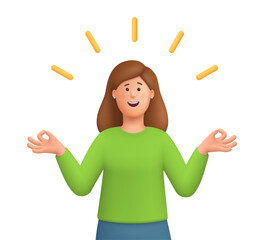 Smiling young woman Kate meditating in relaxed pose. Meditation, peace of mind, positive thinking, relaxation, mental health and inner peace concept. 3d vector people character. Cartoon minimal style.