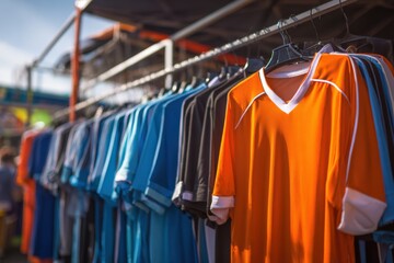 Fototapeta premium Colorful Sports Jerseys Displayed in Outdoor Market Setting