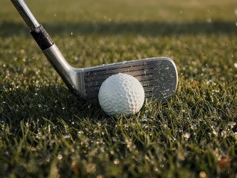 Golf ball and club amidst dewy grass