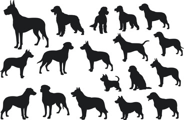 Dog silhouette vector illustration, eighteen canine profiles in mixed poses and breeds, white background for pet, animal, and identification design concepts