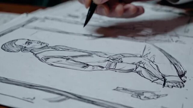 Closeup of artist drawing male figure, Illustrator creating detailed male character with pencil and ink, Artist meticulously sketching male figure with focus on anatomy and costume details