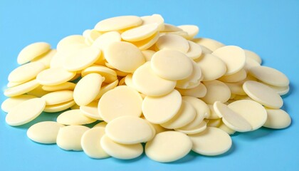 Close-up of a pile of white chocolate buttons on a light blue background, perfect for baking and confectionary use