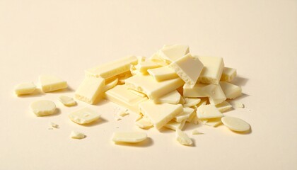 A pile of creamy white chocolate chunks and shavings, a sweet ingredient for baking and confectionery recipes, isolated on a light background