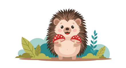 Naklejka premium Cute cartoon hedgehog holding two red mushrooms with white spots in a forest setting.