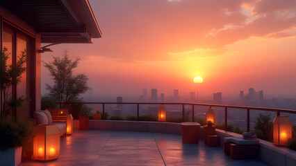 Fototapeta premium Serene urban balcony scene featuring warm lanterns and a stunning sunset view