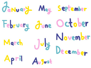 Colorful Handwritten Month Names, Cute Rainbow Lettering Calendar Design for Kids