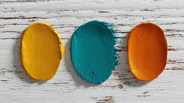 Vibrant color swatches of yellow, teal, and orange, on a rustic wood surface. These shades are artistically displayed, creating an appealing visual palette