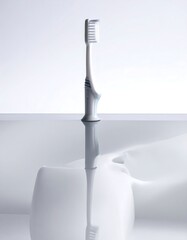 A vertical shot of a white toothbrush reflecting on a bright, clean surface