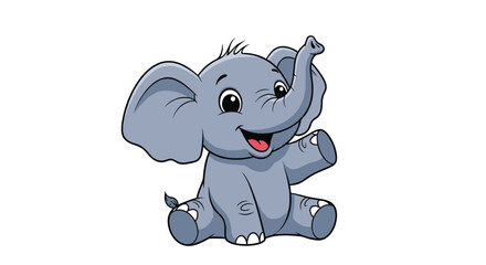 Obraz premium Cute cartoon baby elephant sitting and waving with its trunk up and a big smile.