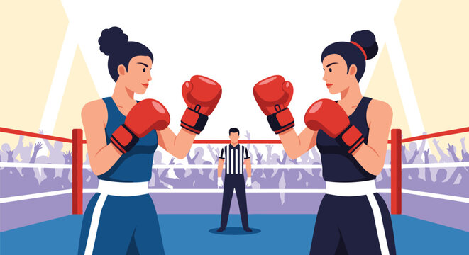 Two female boxers face off in a boxing ring with a referee standing between them and a crowd cheering in the background.