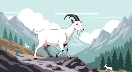 A white goat with dark horns walks on a rocky mountain path with pine trees and misty mountains in the background.