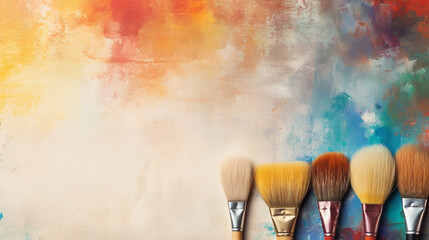 Blank canvas with oil paint and brush flat lay. Professional painter workplace flat lay. Artist's equipment assortment background. Drawing lessons, art school, young painter, creativity, DIY concept