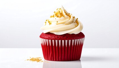 A vibrant red velvet cupcake, topped with a swirl of white frosting