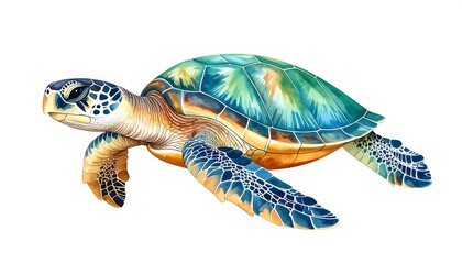 A watercolor illustration of a sea turtle with vibrant blues and greens
