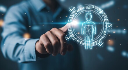 Businessman touching a digital interface with a glowing human icon and checkmarks, representing customer service, hr, or user profile management