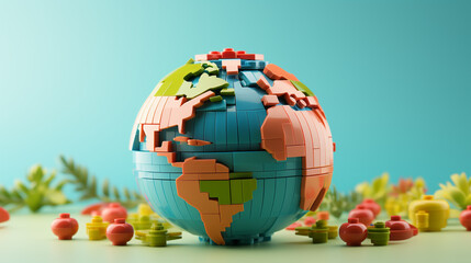 world globe made of plastic construction bricks. 3D rendering.