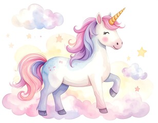 A whimsical watercolor illustration of a unicorn with pastel clouds