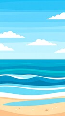 Fototapeta premium Animated beach scene. Clear blue sky and ocean, a sandy shore