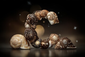 Unique Arrangement of Decorative Seashells on Dark Background