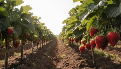 Rows of Ripe Strawberries Growing on a Farm Field Under Bright Sunlight.