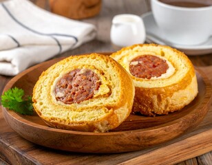 Two delicious slices of savory roll cake with a creamy meat filling served on a rustic wooden plate for a delightful breakfast
