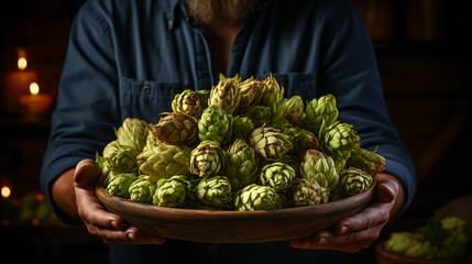 Green hops for beer. Man holding green hop cones.