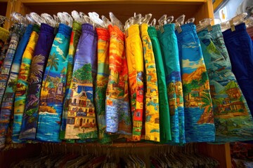 Vibrant Colorful Swim Trunks Displayed in Retail Store Rack